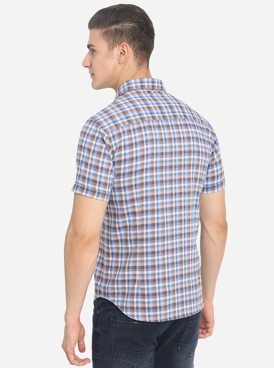 Blue & Brown Checked Slim Fit Semi Casual Shirt | Pehervi