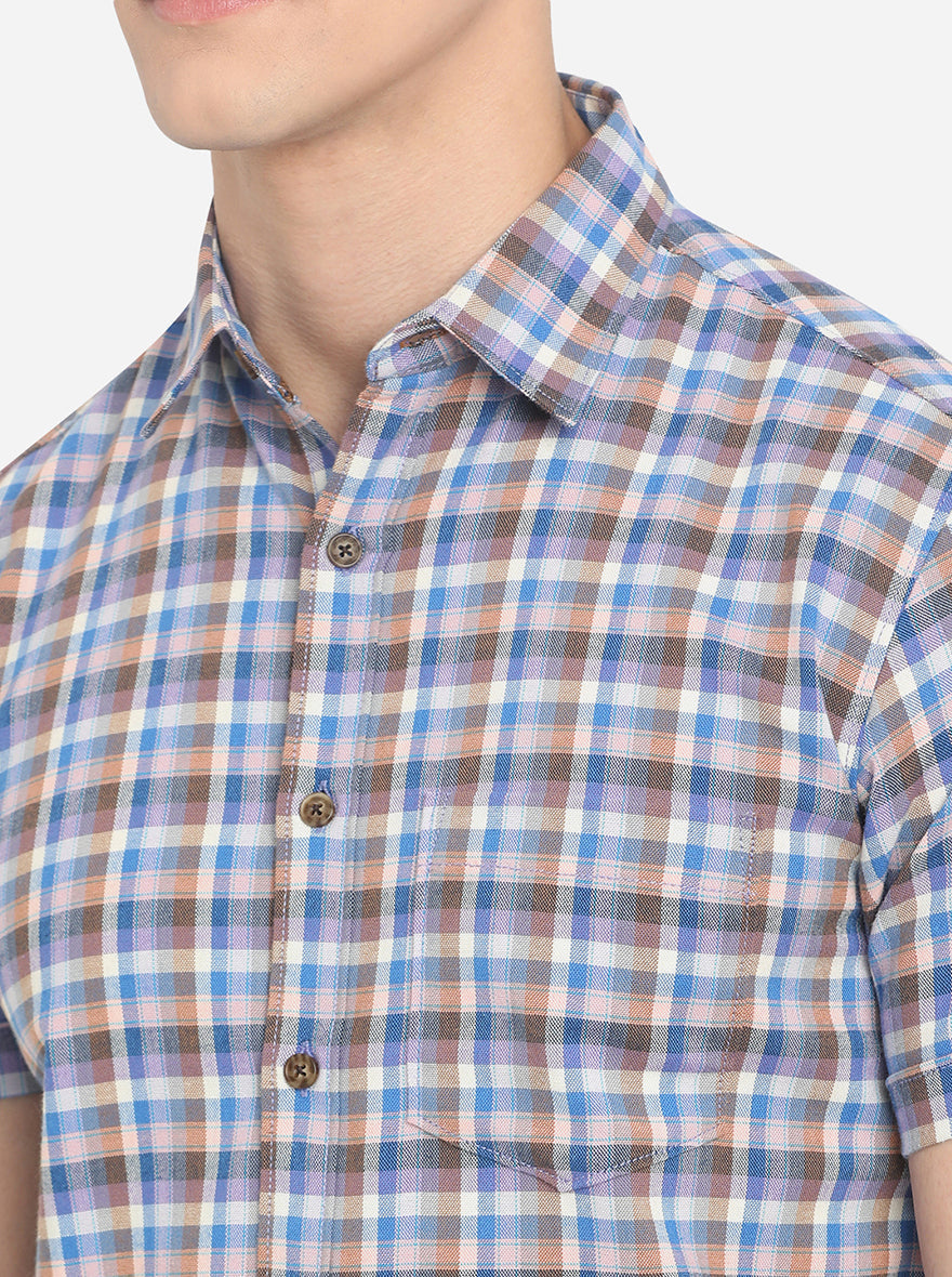 Blue & Brown Checked Slim Fit Semi Casual Shirt | Pehervi