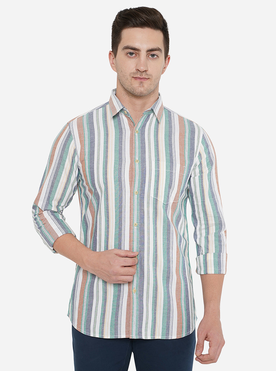 Blue & White Striped Slim Fit Semi Casual Shirt | Pehervi