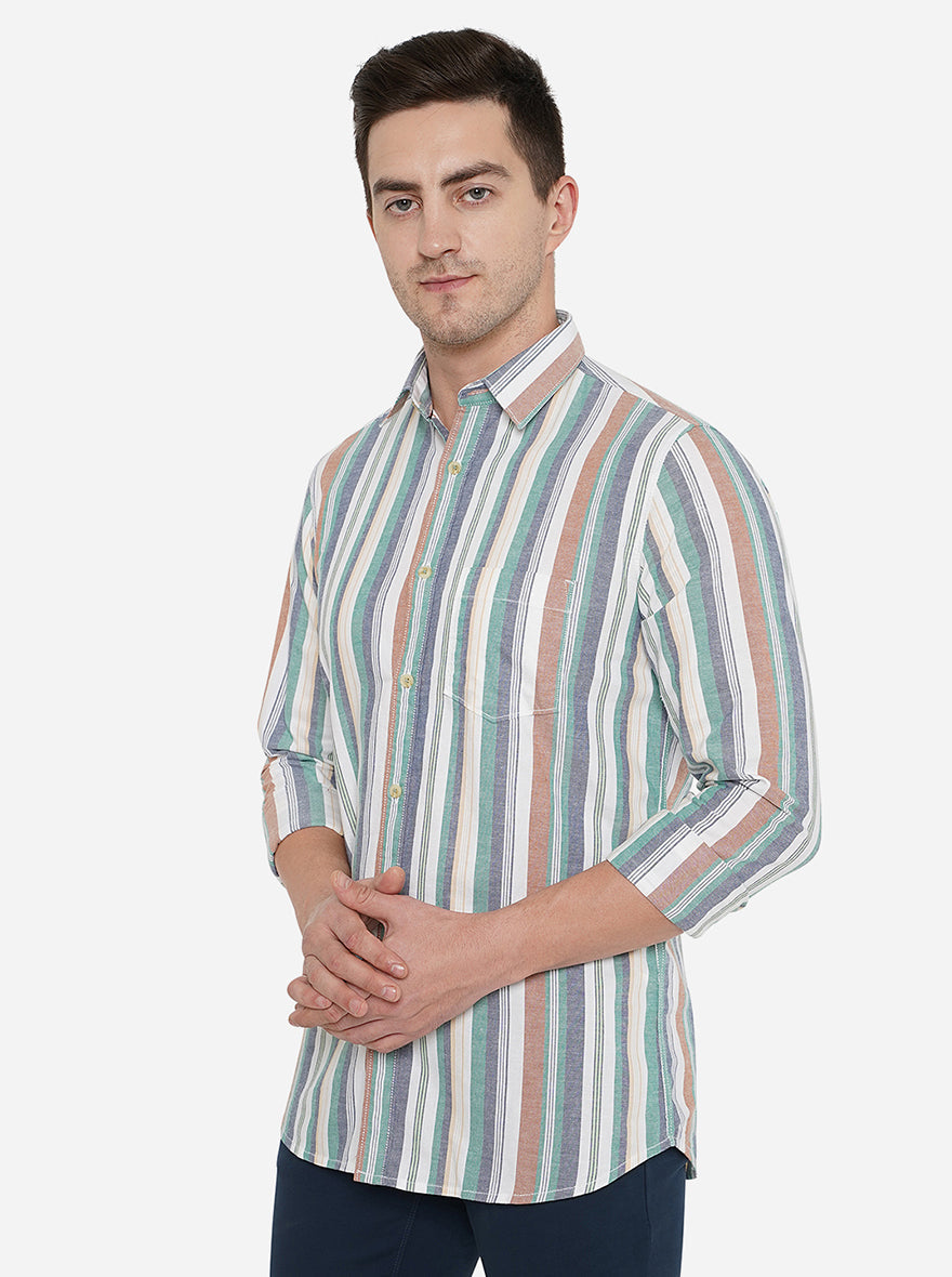 Blue & White Striped Slim Fit Semi Casual Shirt | Pehervi
