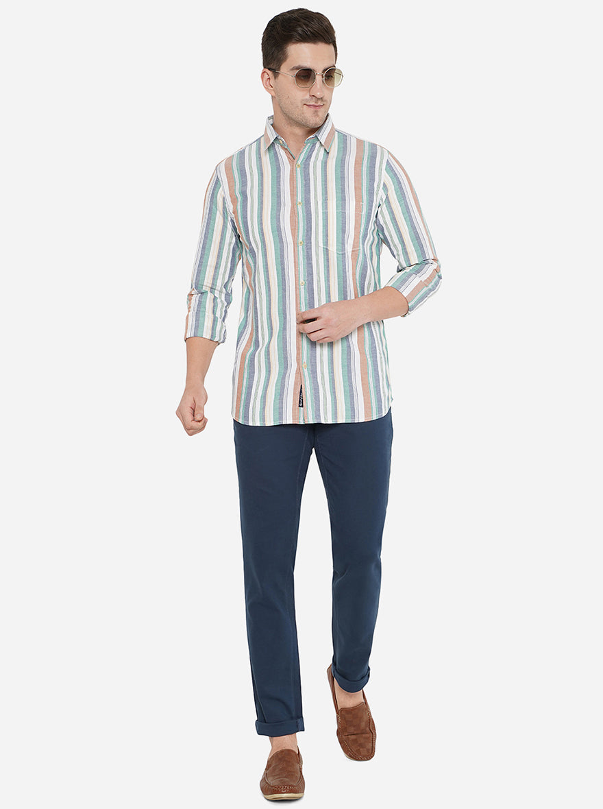 Blue & White Striped Slim Fit Semi Casual Shirt | Pehervi