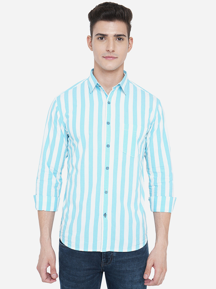 Milky Blue Striped Slim Fit Semi Casual Shirt | Pehervi