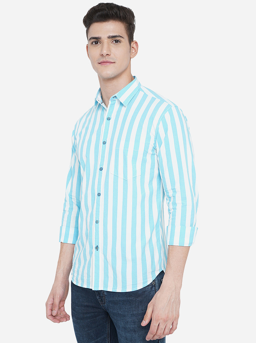 Milky Blue Striped Slim Fit Semi Casual Shirt | Pehervi