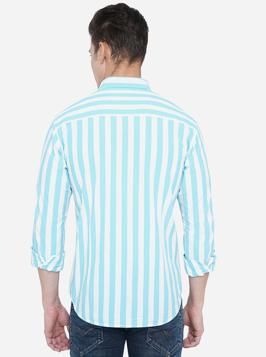 Milky Blue Striped Slim Fit Semi Casual Shirt | Pehervi