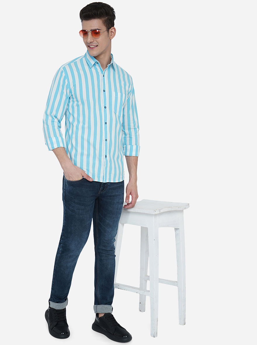 Milky Blue Striped Slim Fit Semi Casual Shirt | Pehervi
