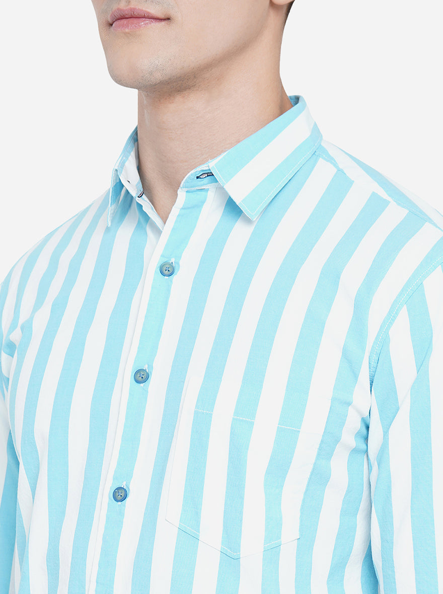 Milky Blue Striped Slim Fit Semi Casual Shirt | Pehervi