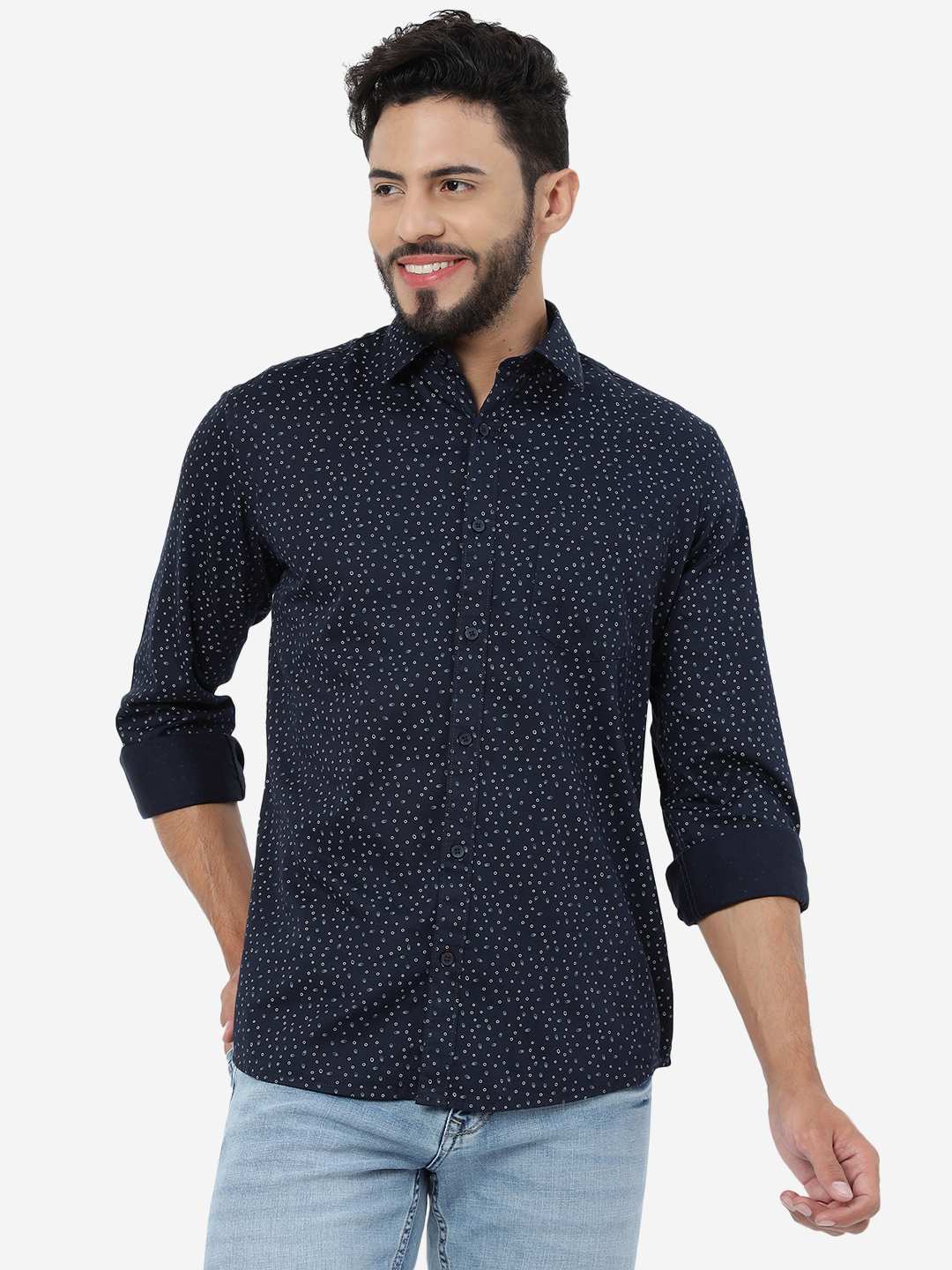Navy Blue Printed Smart Fit Semi Casual Shirt | Pehervi