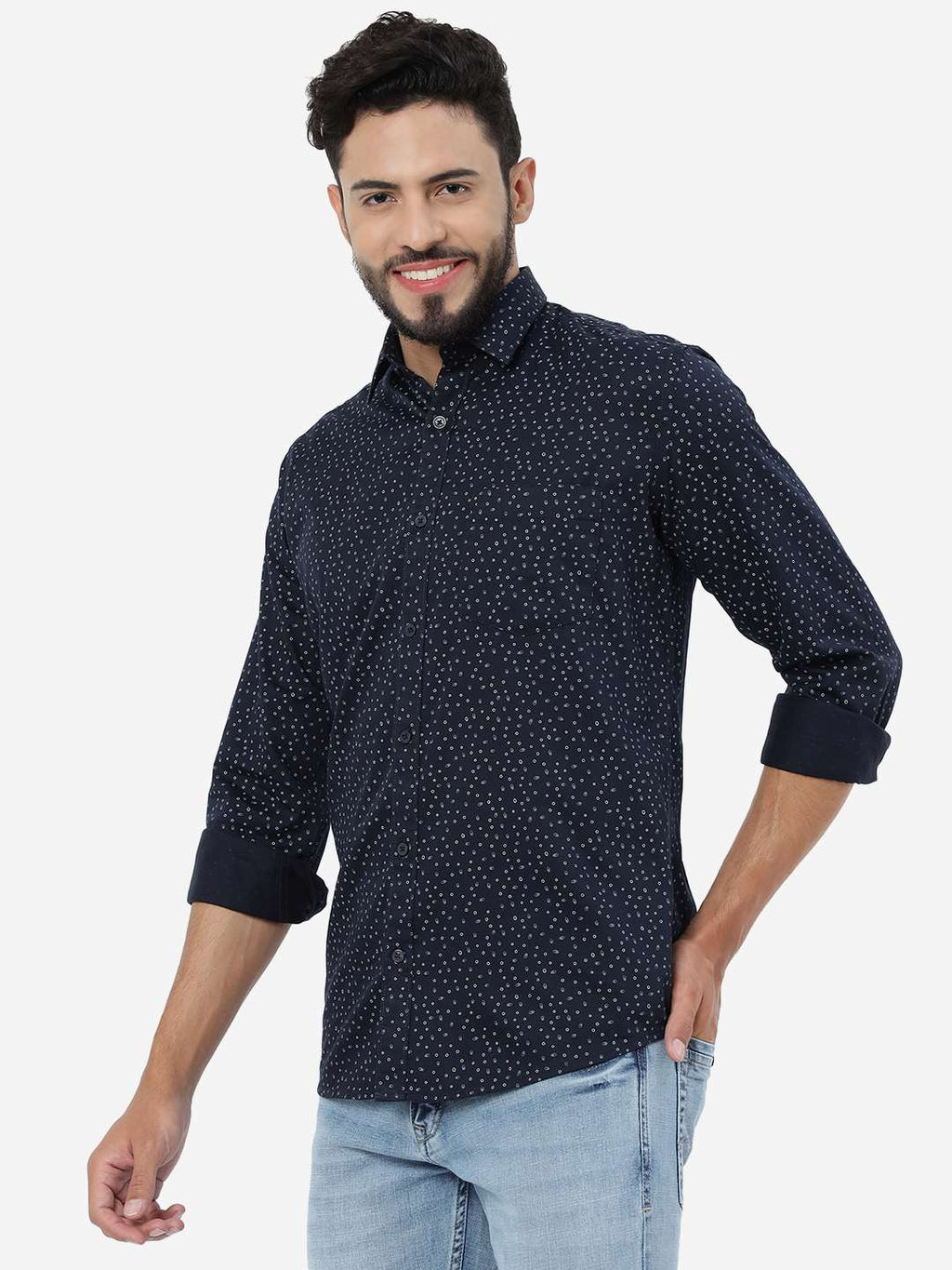 Navy Blue Printed Smart Fit Semi Casual Shirt | Pehervi