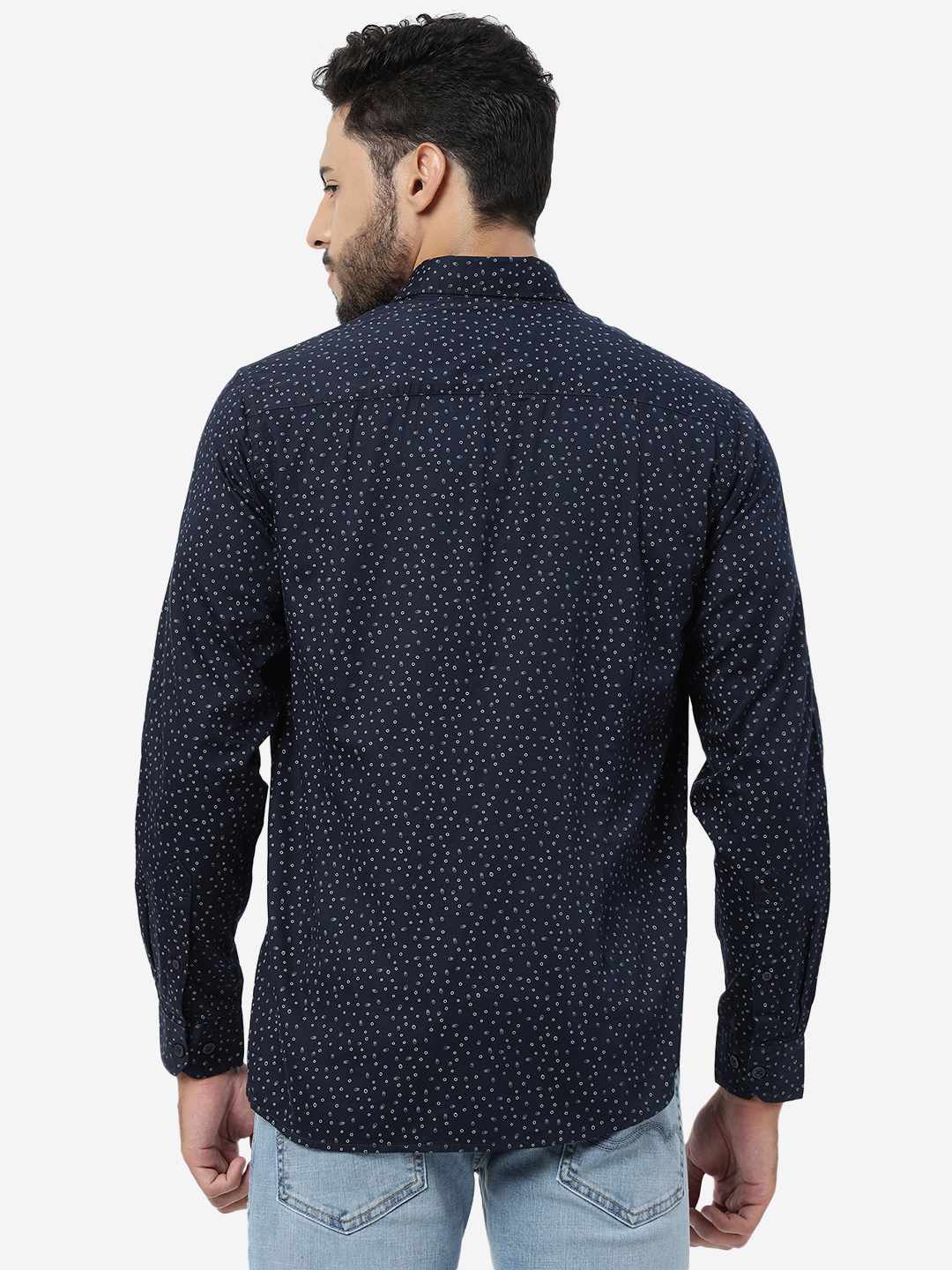 Navy Blue Printed Smart Fit Semi Casual Shirt | Pehervi