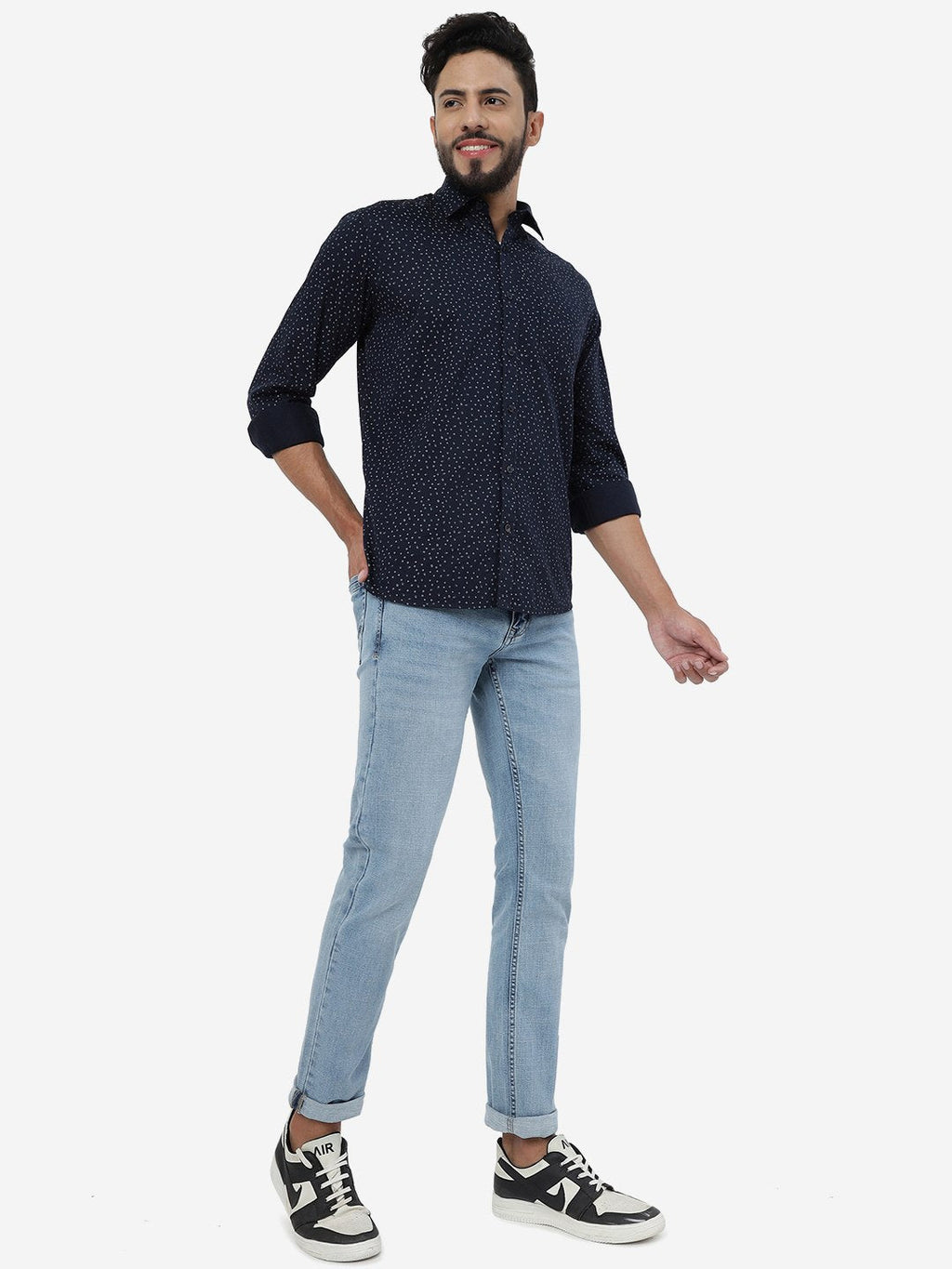 Navy Blue Printed Smart Fit Semi Casual Shirt | Pehervi