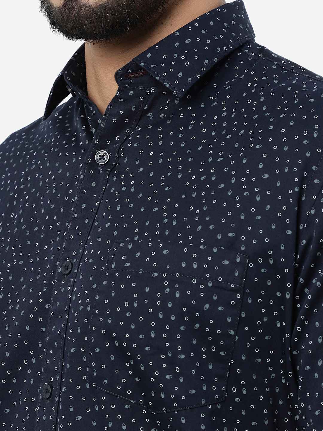 Navy Blue Printed Smart Fit Semi Casual Shirt | Pehervi