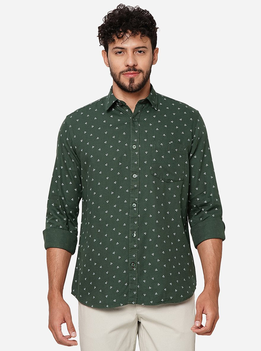 Olive Green Printed Smart Fit Semi Casual Shirt | Pehervi