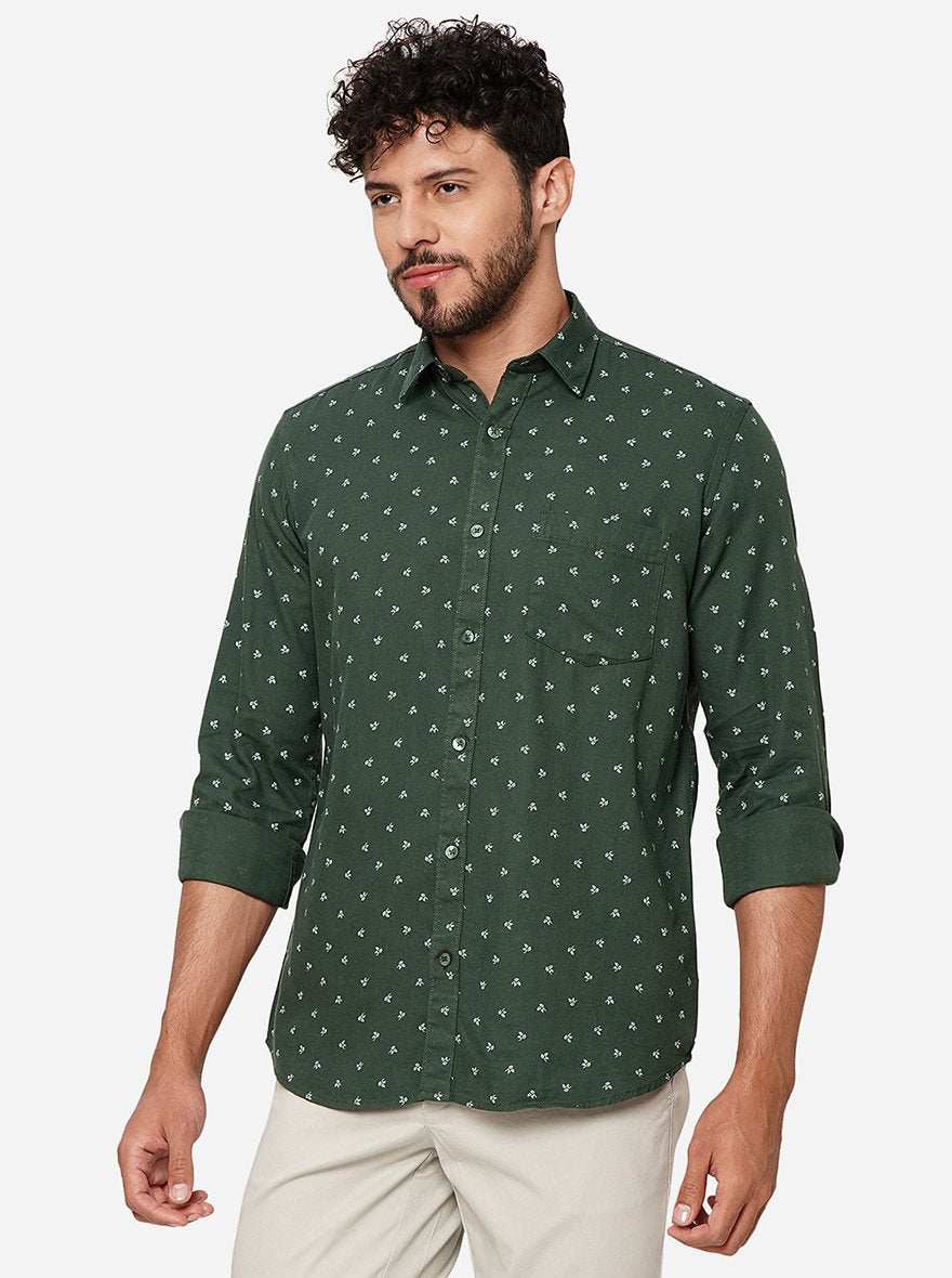 Olive Green Printed Smart Fit Semi Casual Shirt | Pehervi