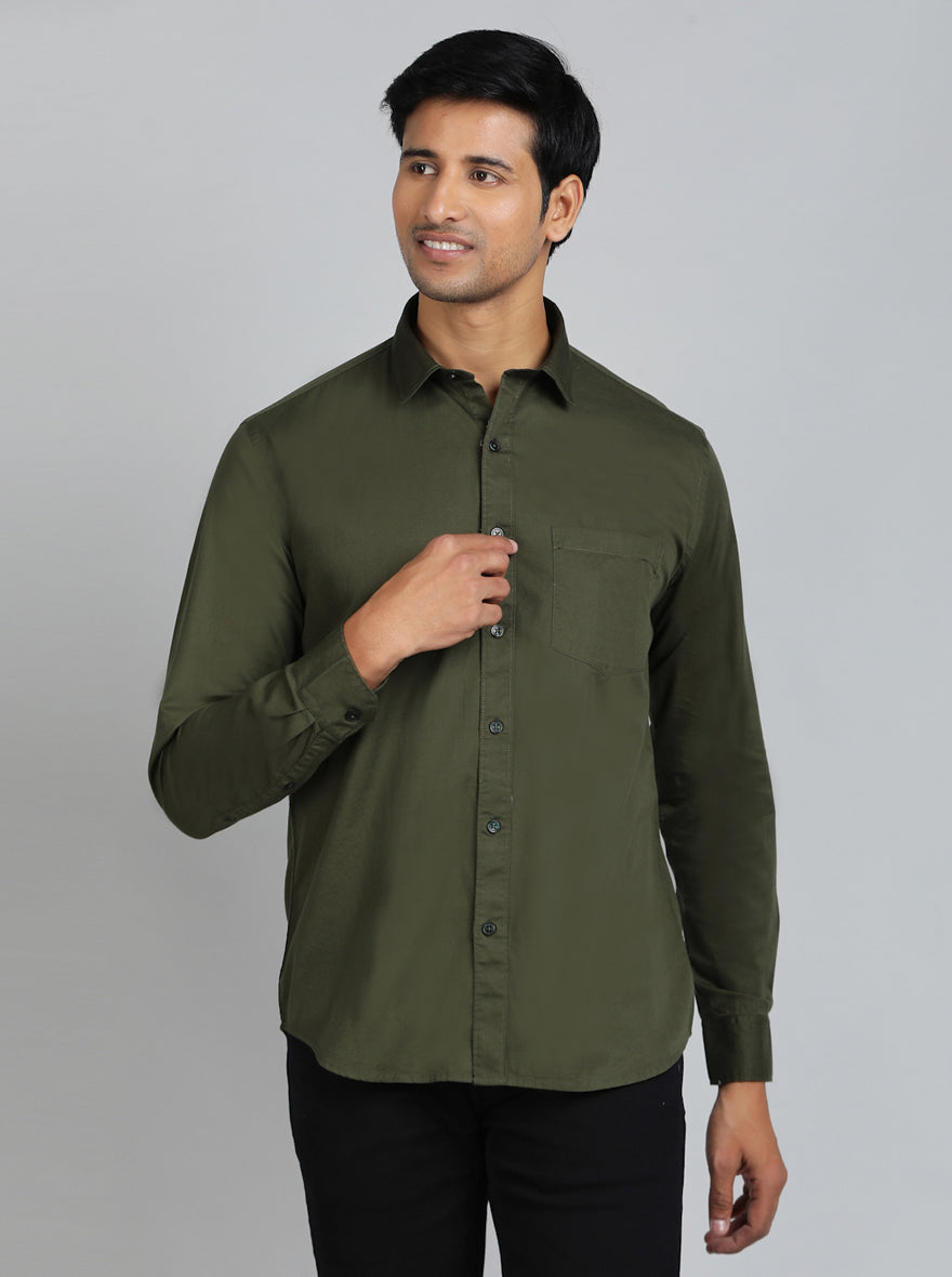 Olive Green Solid Smart Fit Semi Casual Shirt | Pehervi