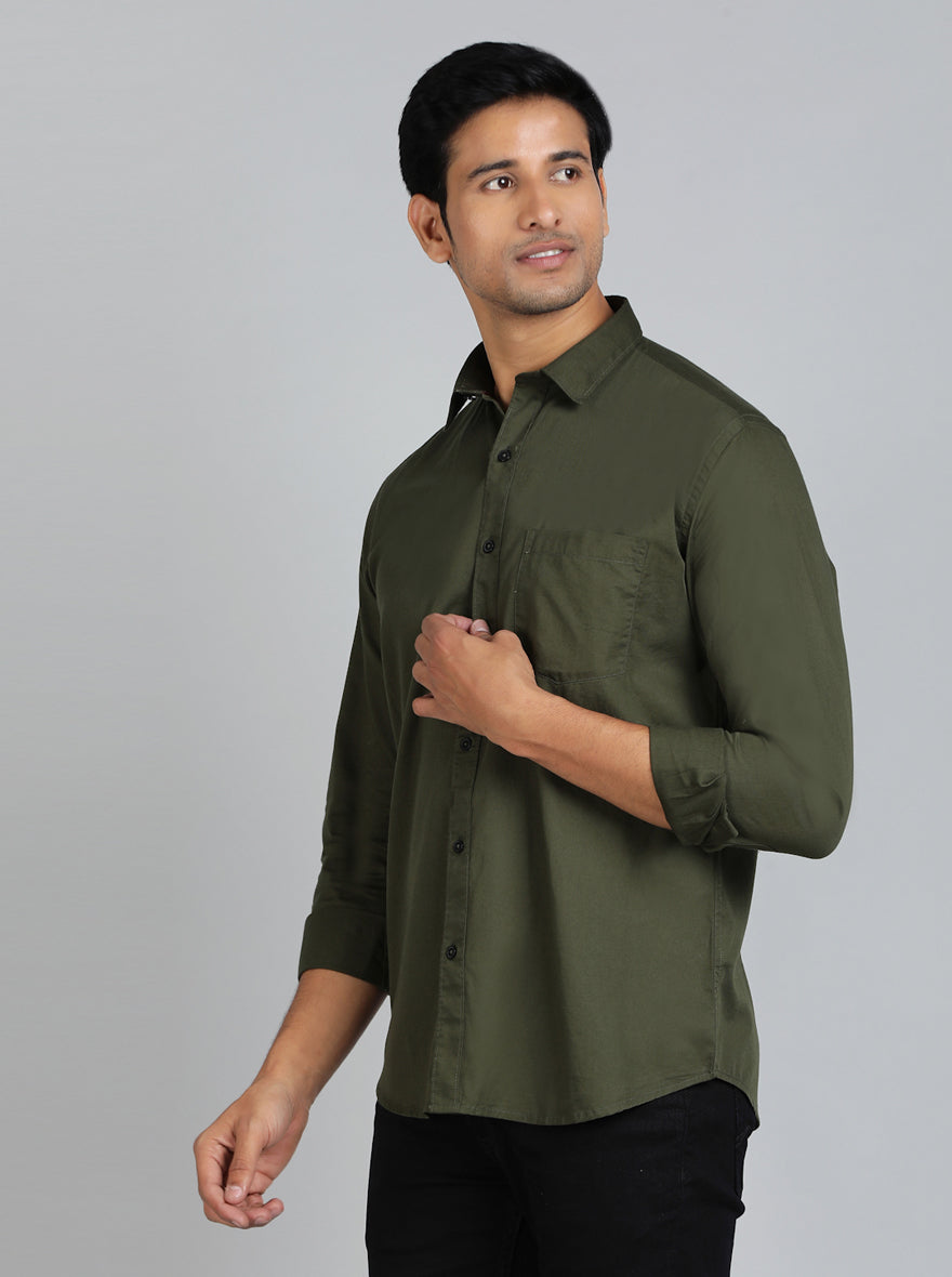 Olive Green Solid Smart Fit Semi Casual Shirt | Pehervi