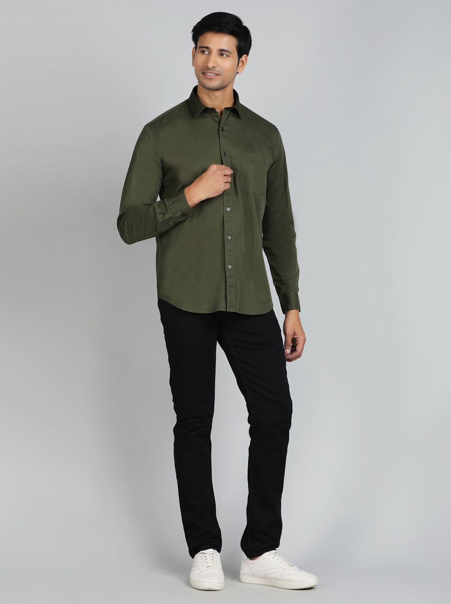 Olive Green Solid Smart Fit Semi Casual Shirt | Pehervi