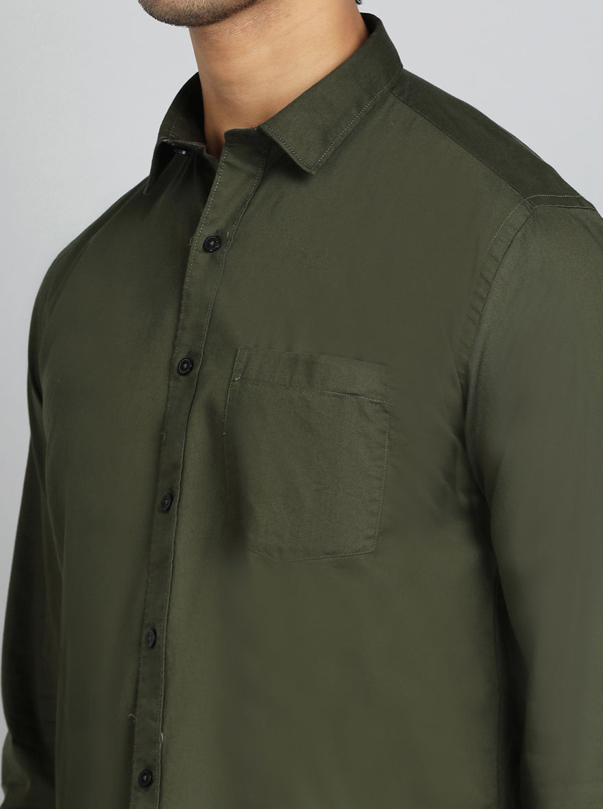 Olive Green Solid Smart Fit Semi Casual Shirt | Pehervi