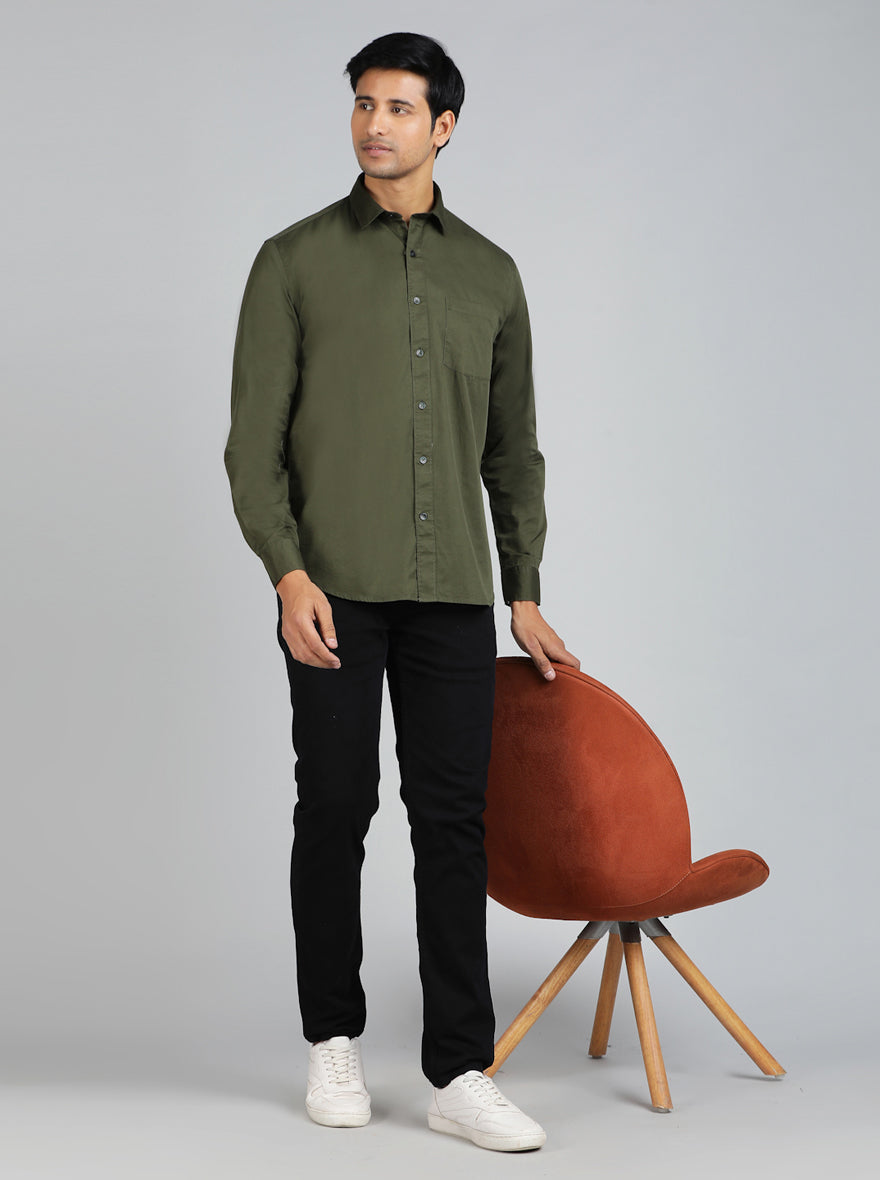 Olive Green Solid Smart Fit Semi Casual Shirt | Pehervi