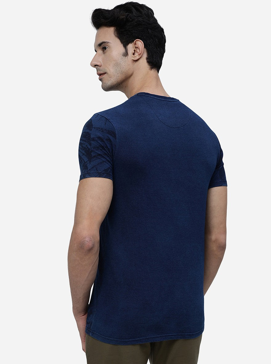 Denim Blue Printed Slim Fit T-Shirt | pehervi