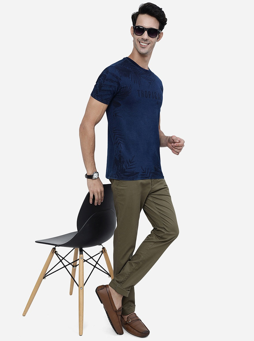 Denim Blue Printed Slim Fit T-Shirt | pehervi