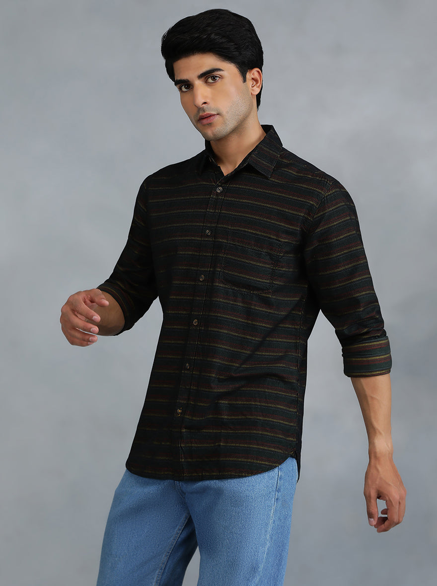 Green & Maroon Striped Slim Fit Casual Shirt | pehervi