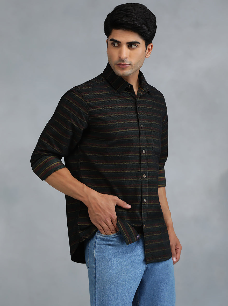 Green & Maroon Striped Slim Fit Casual Shirt | pehervi