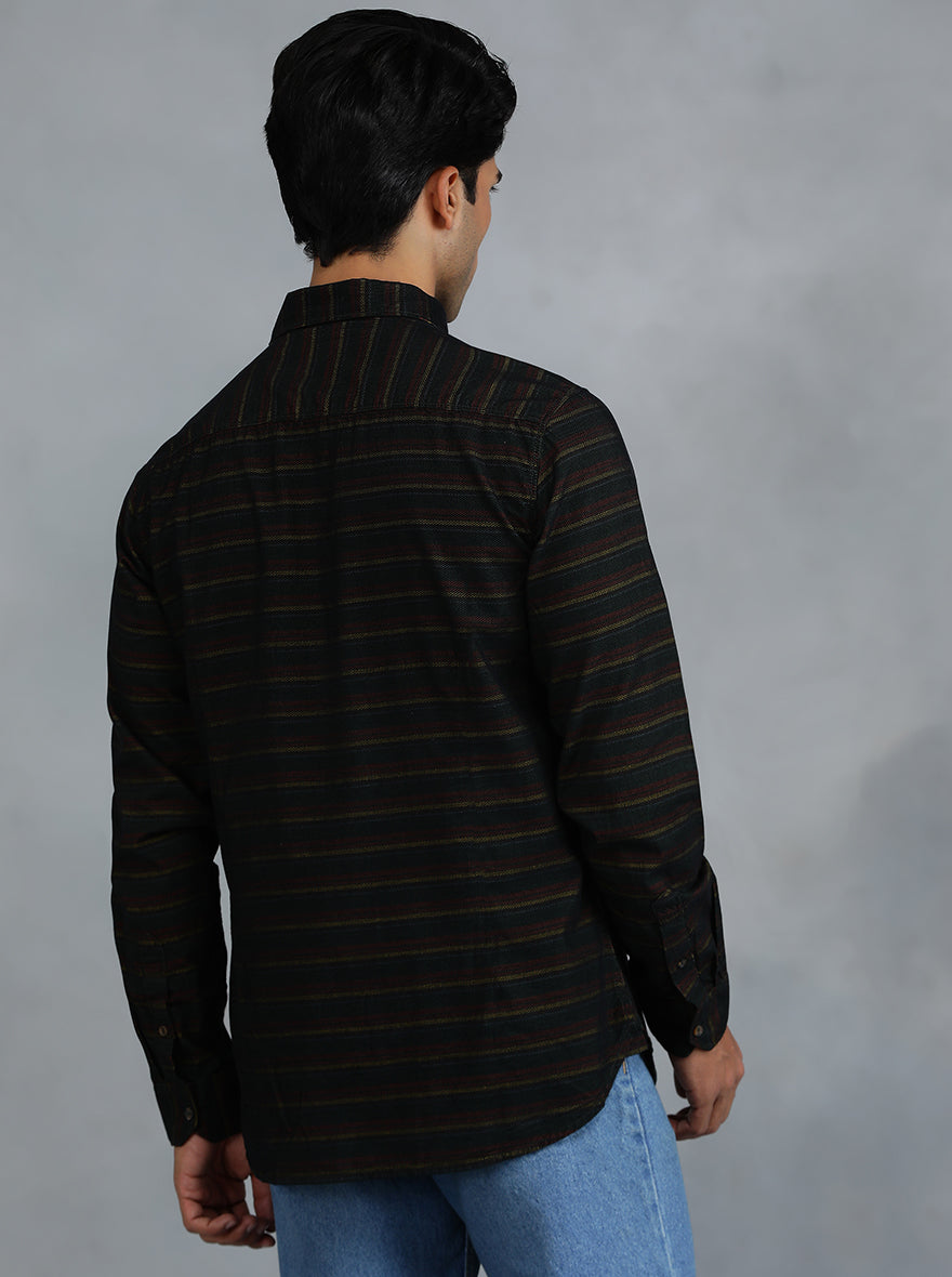 Green & Maroon Striped Slim Fit Casual Shirt | pehervi