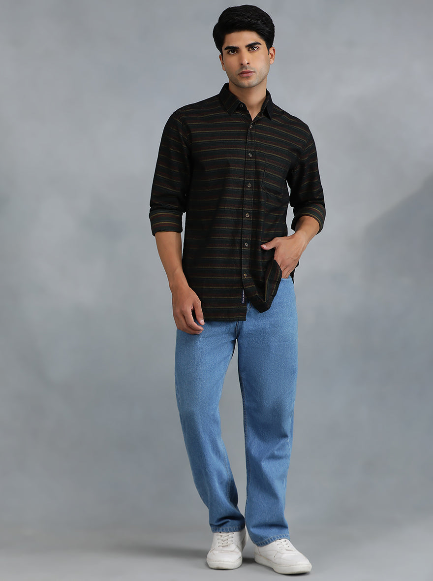 Green & Maroon Striped Slim Fit Casual Shirt | pehervi