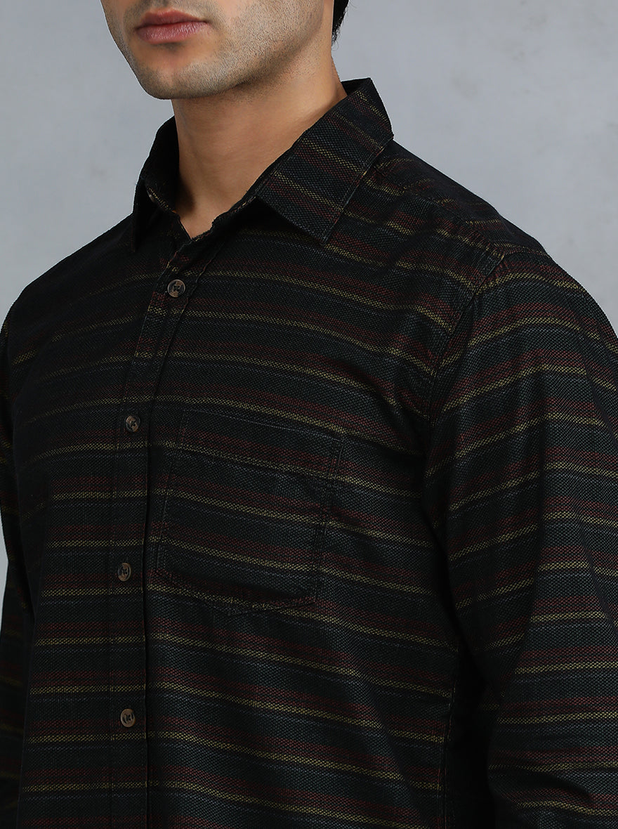Green & Maroon Striped Slim Fit Casual Shirt | pehervi