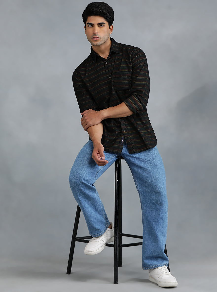 Green & Maroon Striped Slim Fit Casual Shirt | pehervi