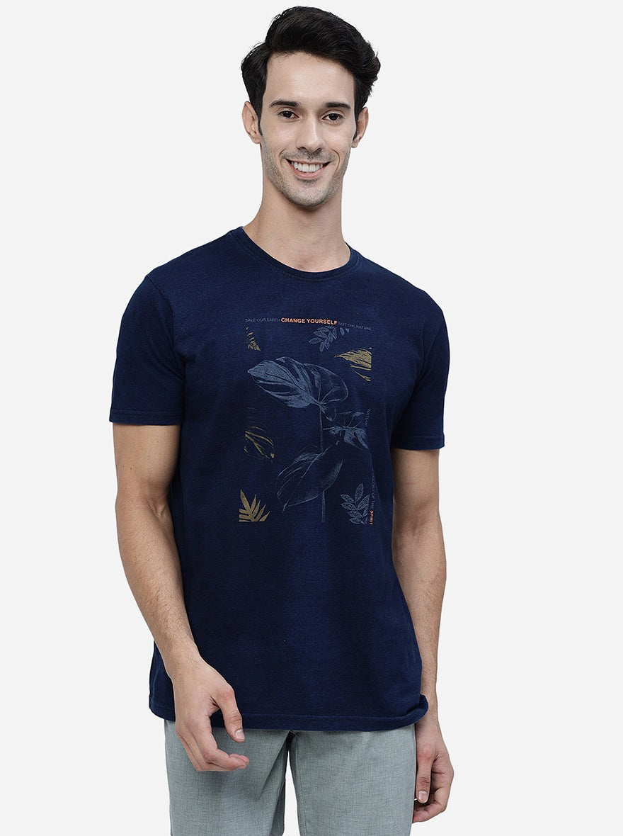Navy Blue Printed Slim Fit T-Shirt | pehervi