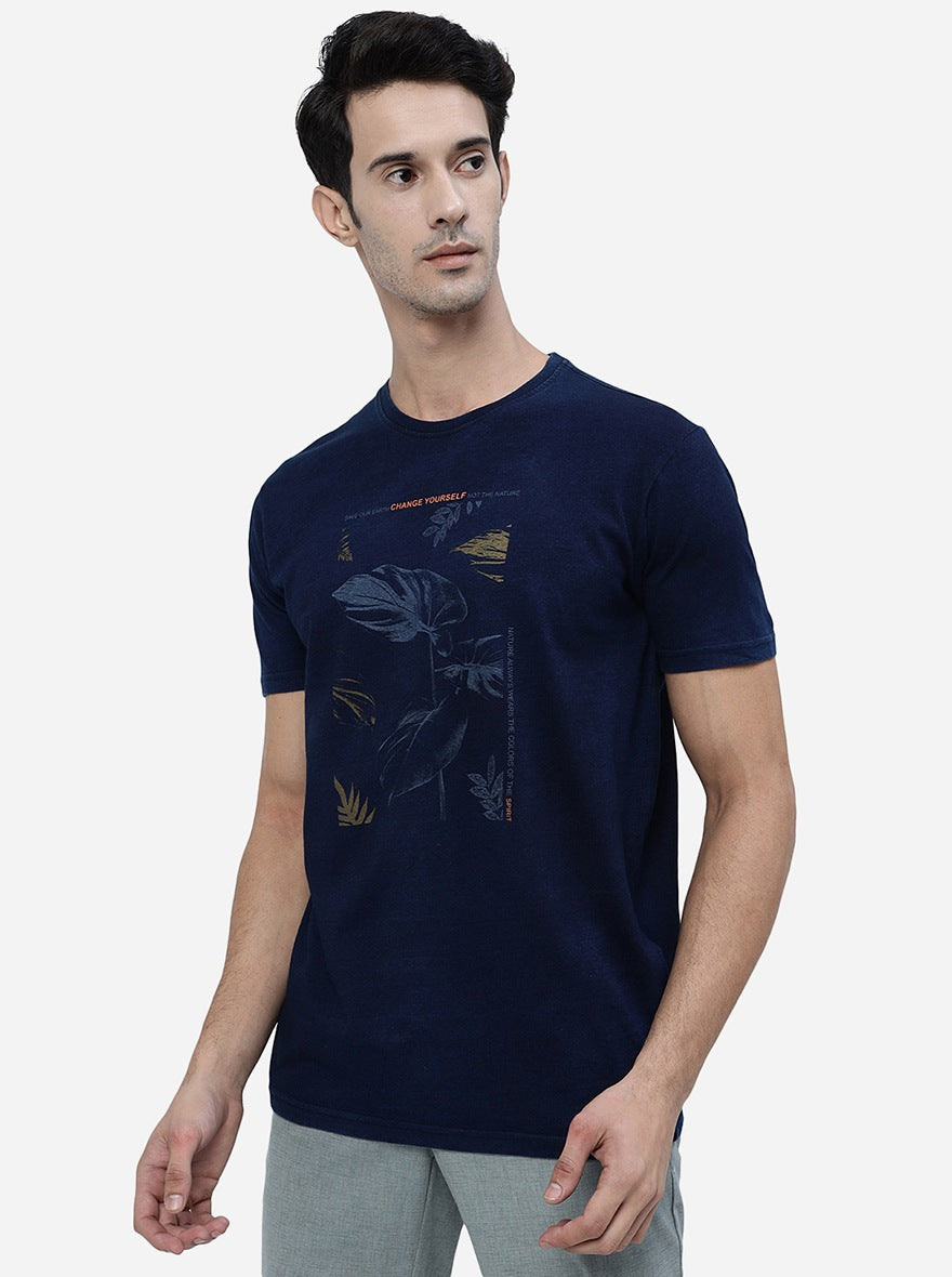 Navy Blue Printed Slim Fit T-Shirt | pehervi