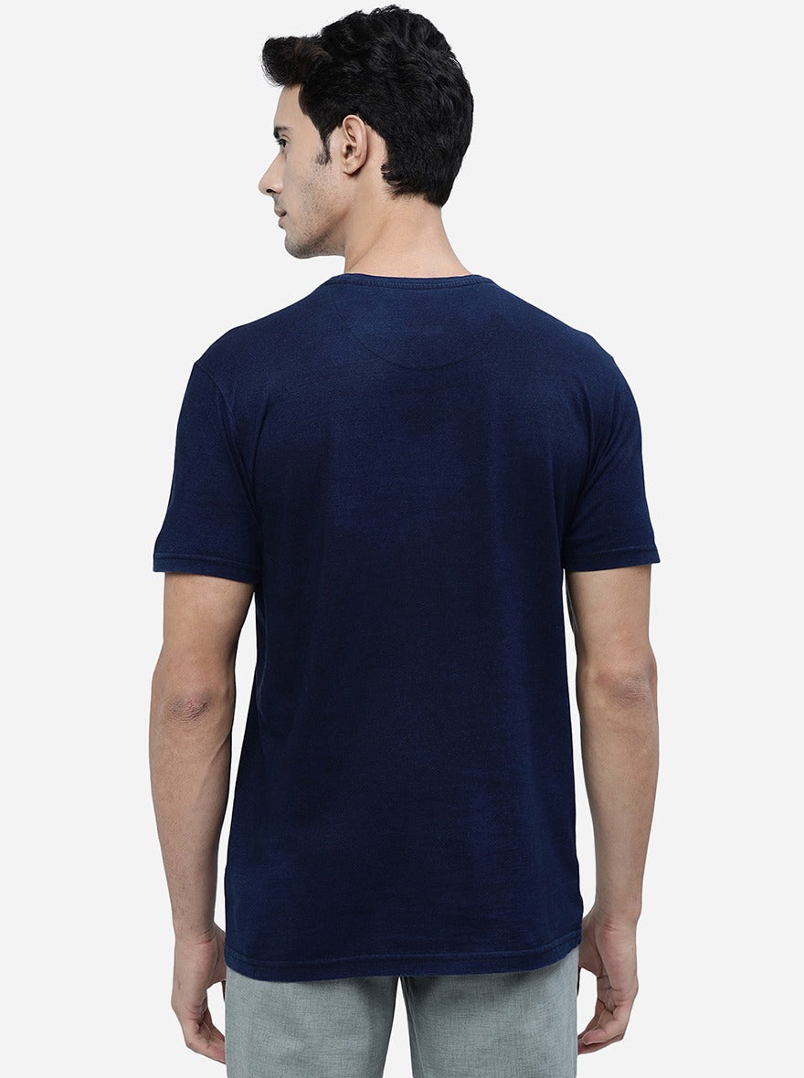 Navy Blue Printed Slim Fit T-Shirt | pehervi
