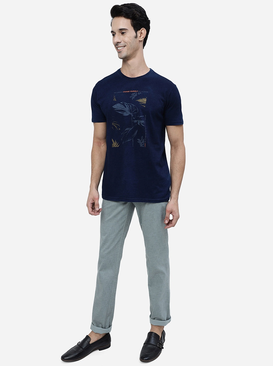 Navy Blue Printed Slim Fit T-Shirt | pehervi