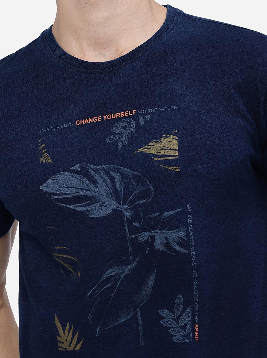 Navy Blue Printed Slim Fit T-Shirt | pehervi