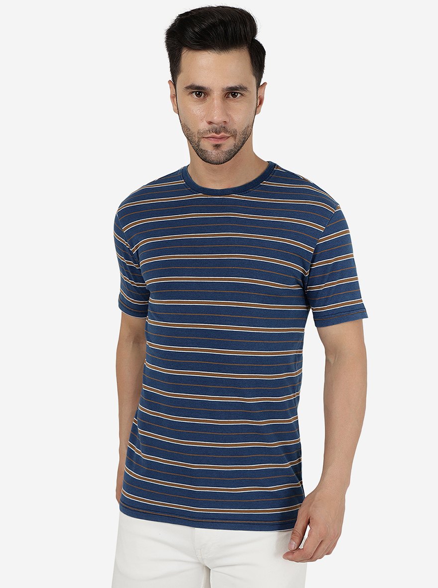 Yellow & Blue Striped Slim Fit T-Shirt | pehervi