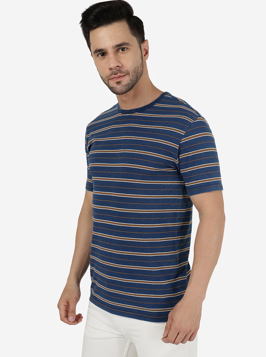 Yellow & Blue Striped Slim Fit T-Shirt | pehervi