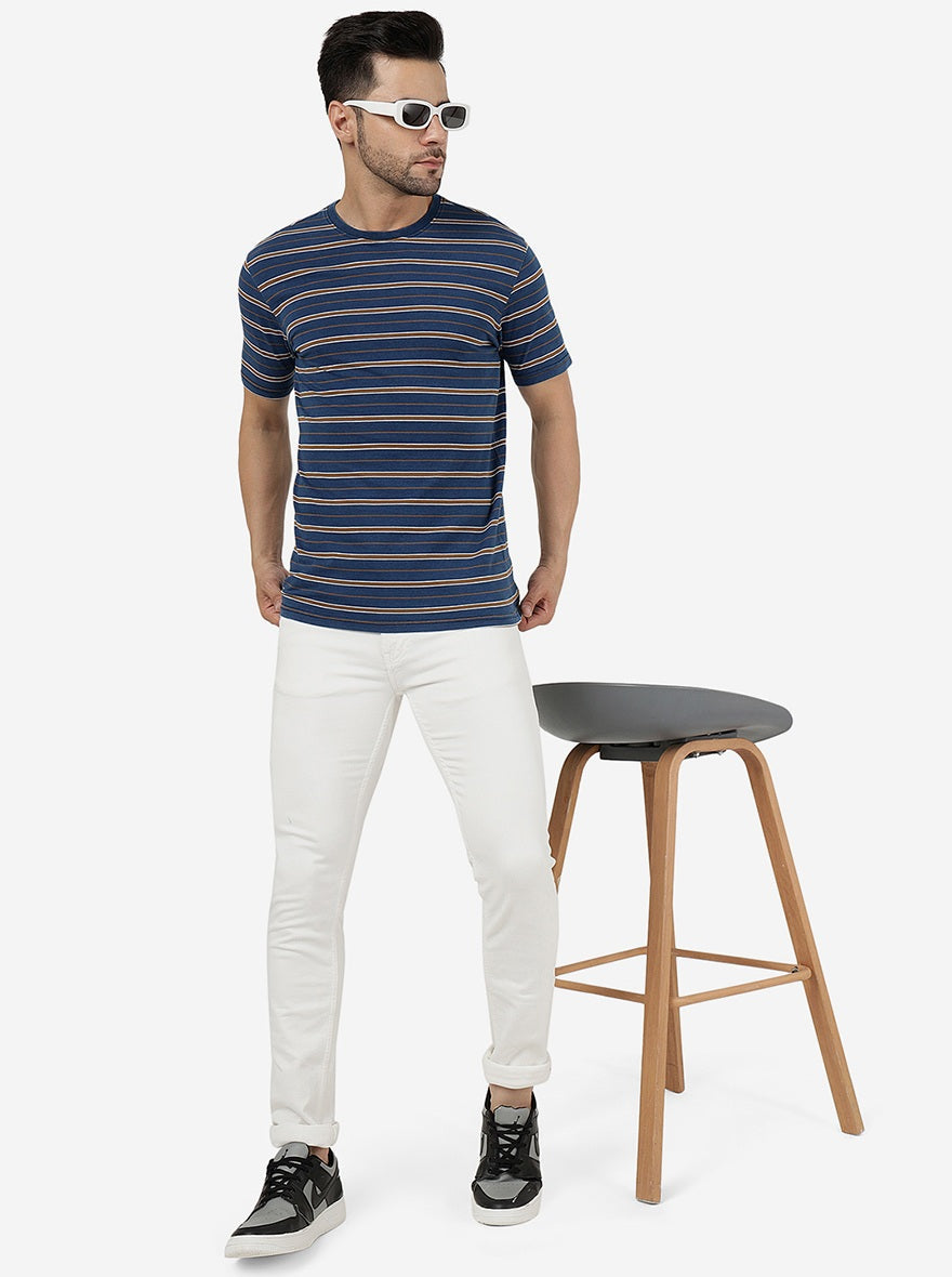 Yellow & Blue Striped Slim Fit T-Shirt | pehervi