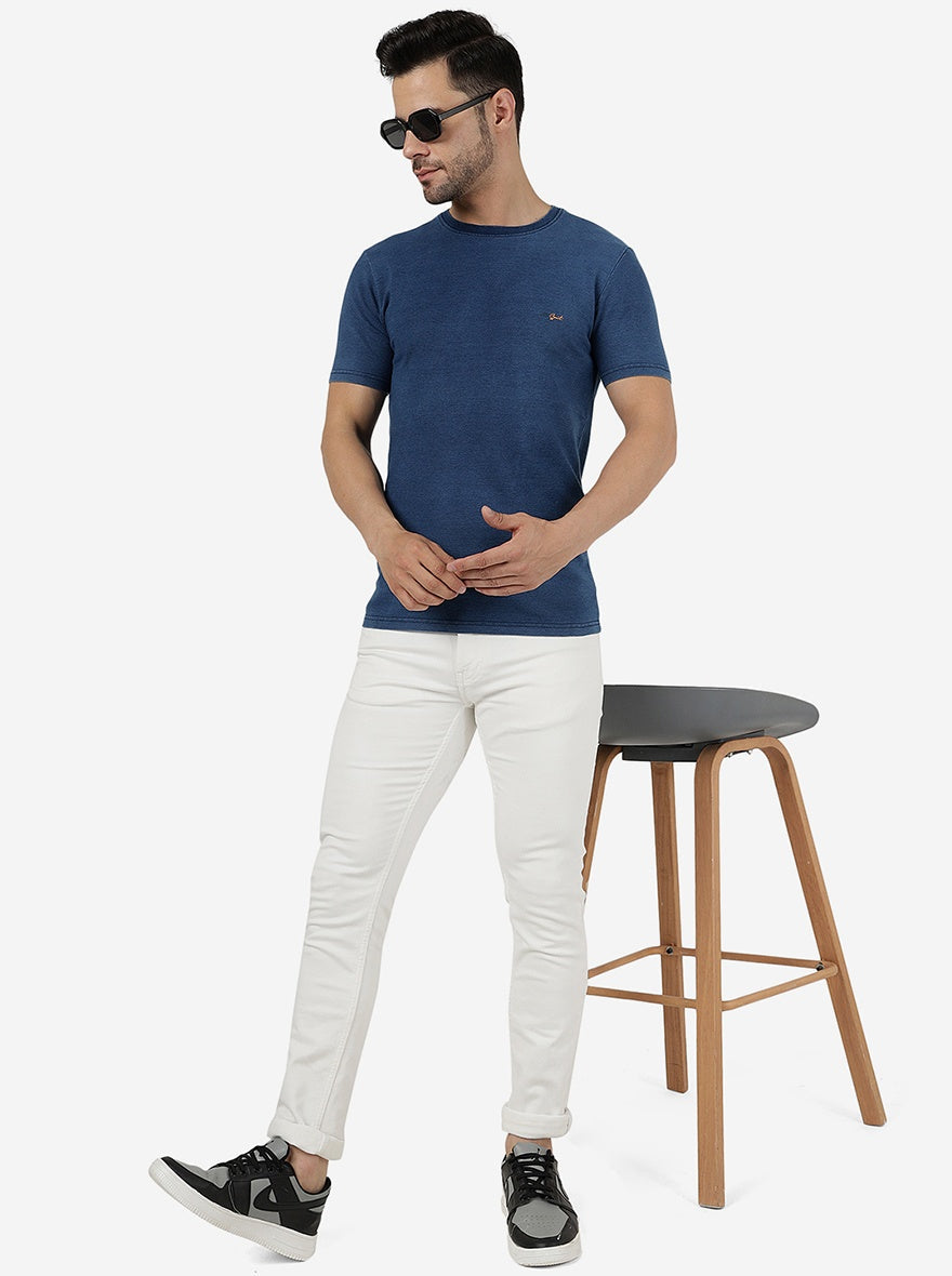 Navy Blue Solid Slim Fit T-Shirt | pehervi