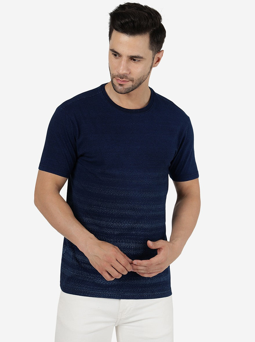 Denim Blue Solid Slim Fit T-Shirt | pehervi