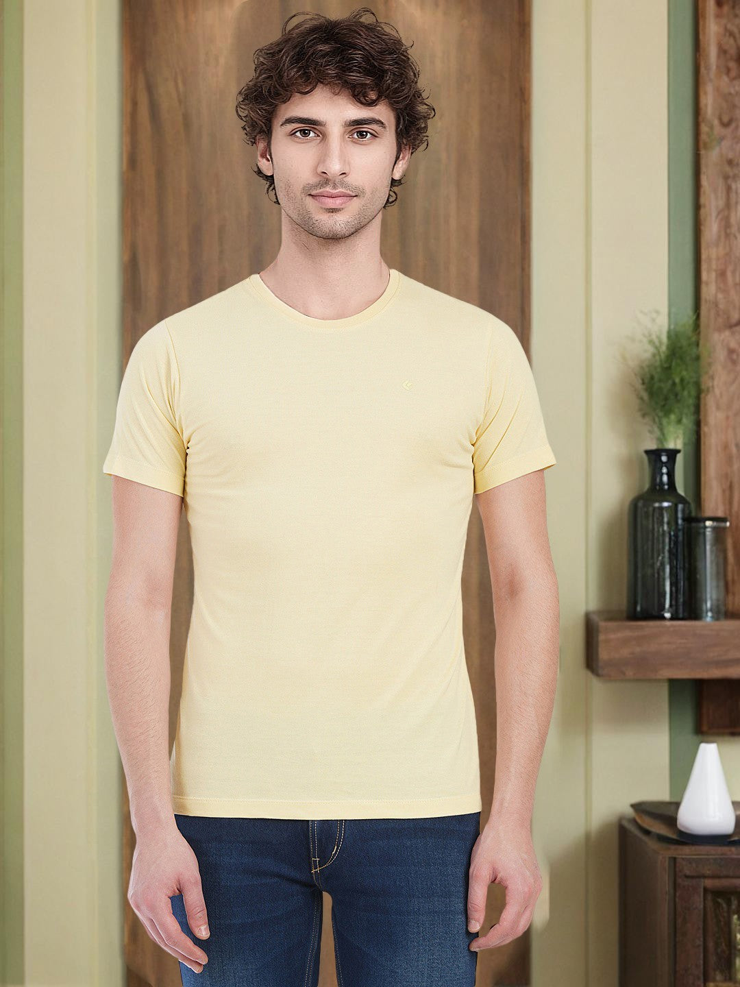 Light Yellow Solid Slim Fit T-Shirt | pehervi