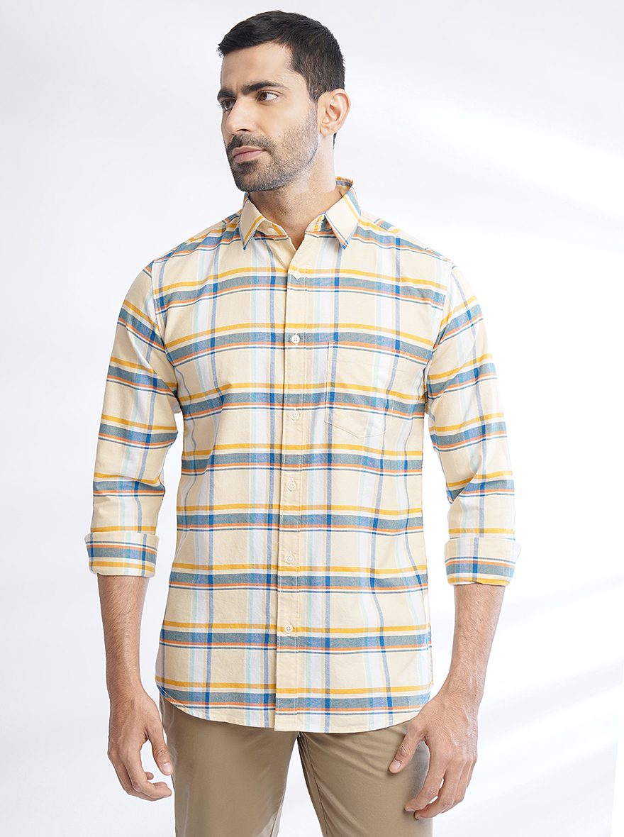 Yellow Checked Slim Fit Casual Shirt | pehervi