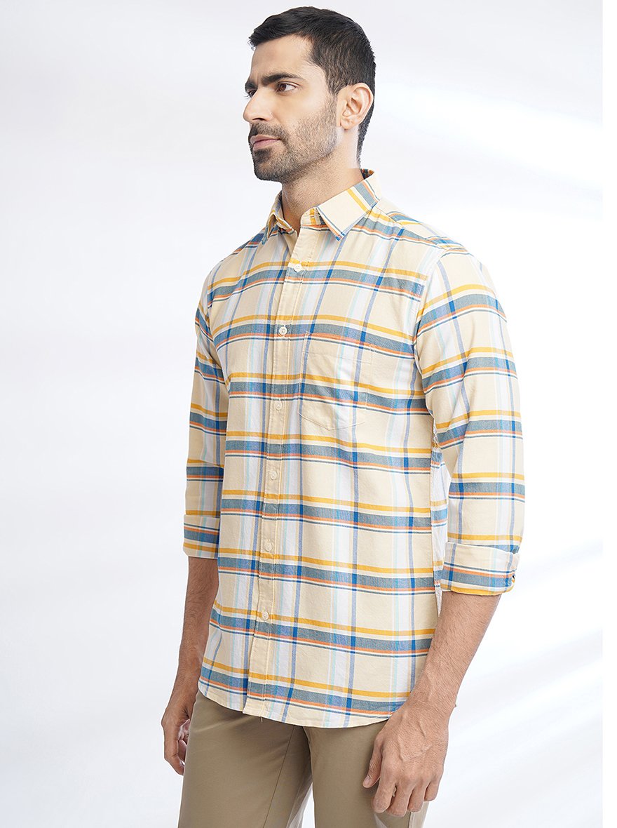 Yellow Checked Slim Fit Casual Shirt | pehervi