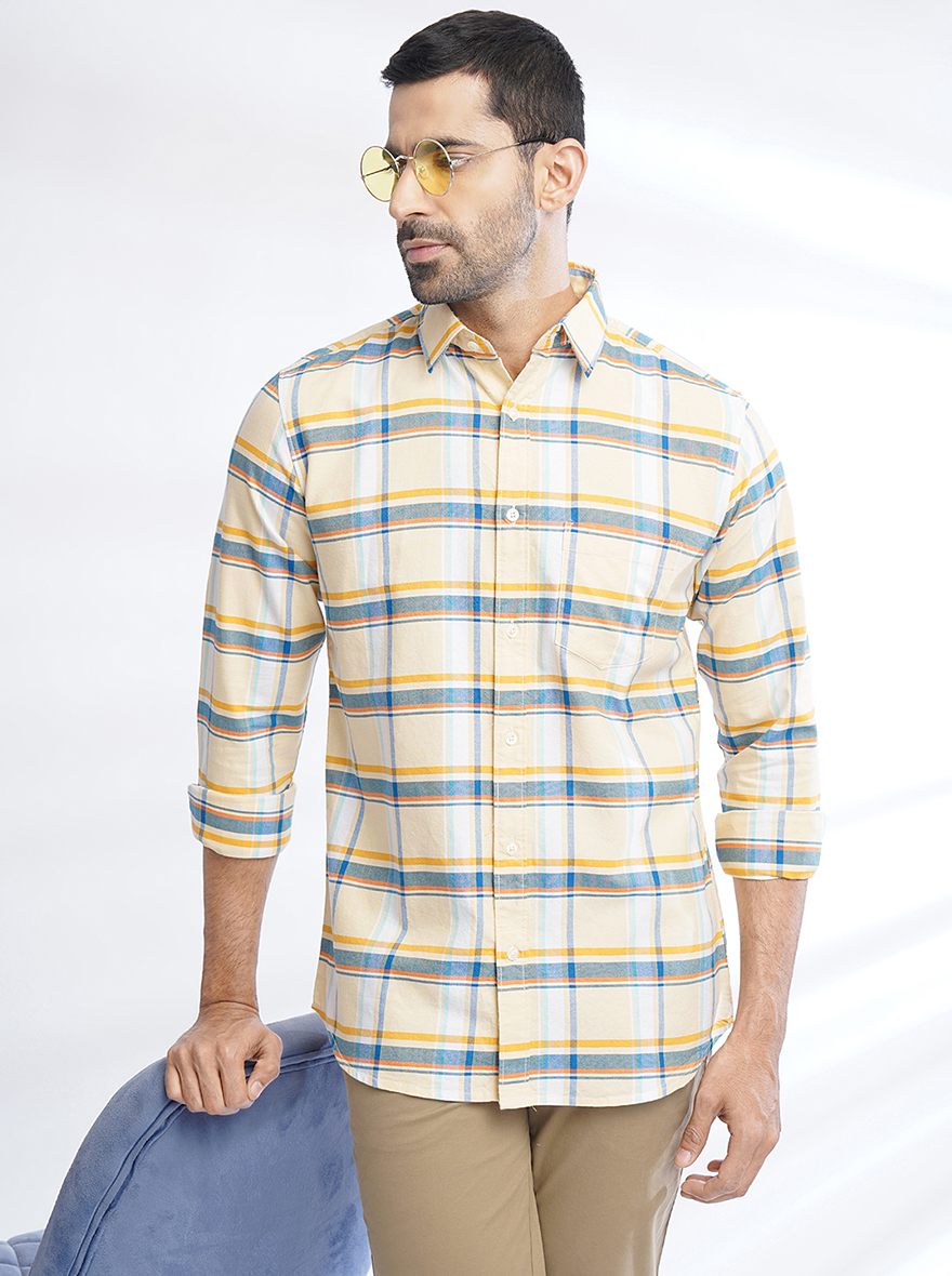 Yellow Checked Slim Fit Casual Shirt | pehervi