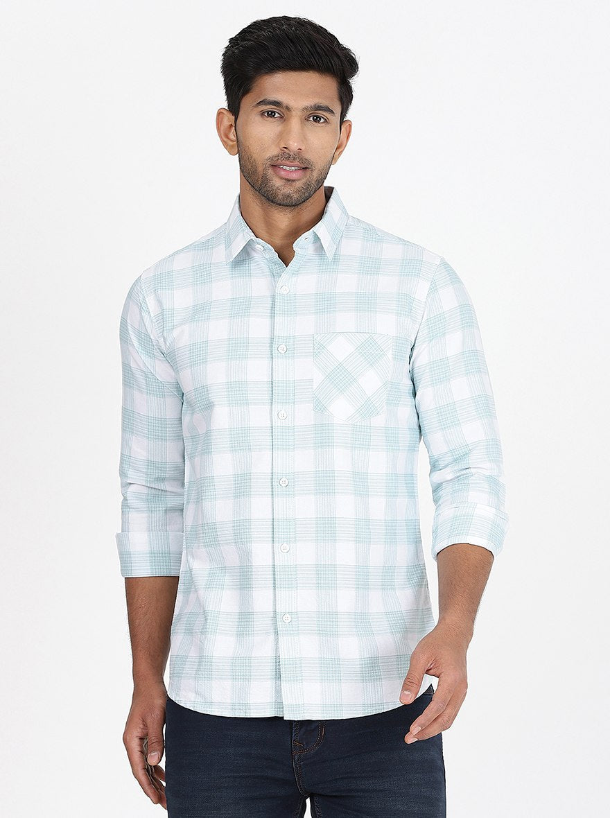 Light Green Checked Slim Fit Casual Shirt | pehervi