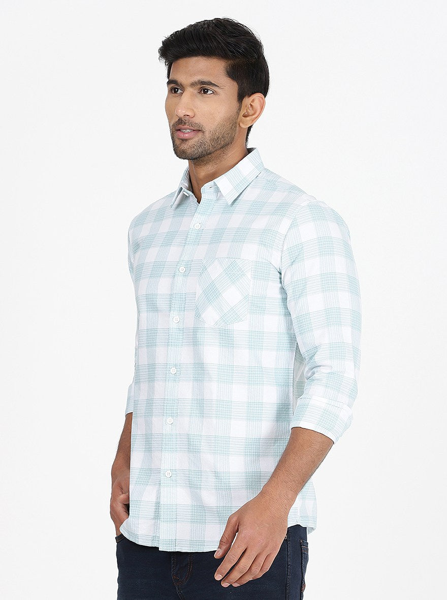 Light Green Checked Slim Fit Casual Shirt | pehervi