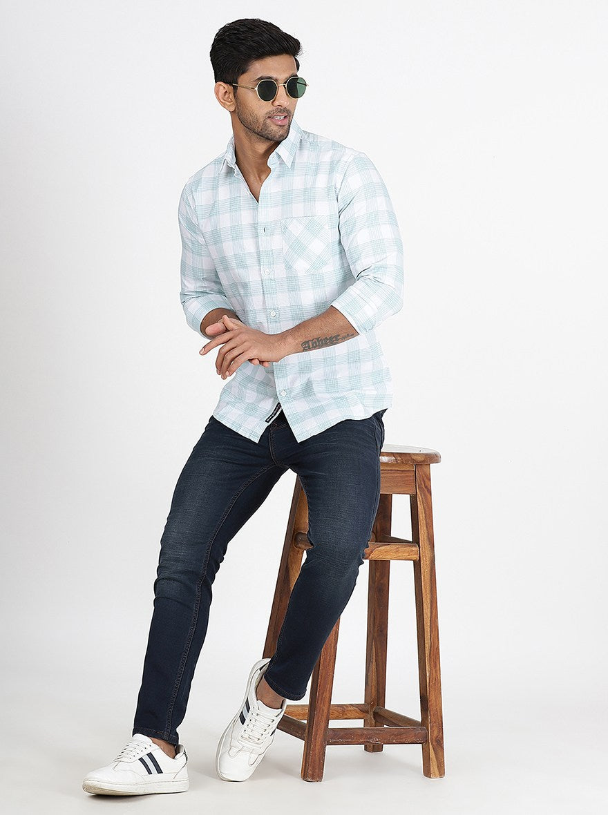 Light Green Checked Slim Fit Casual Shirt | pehervi