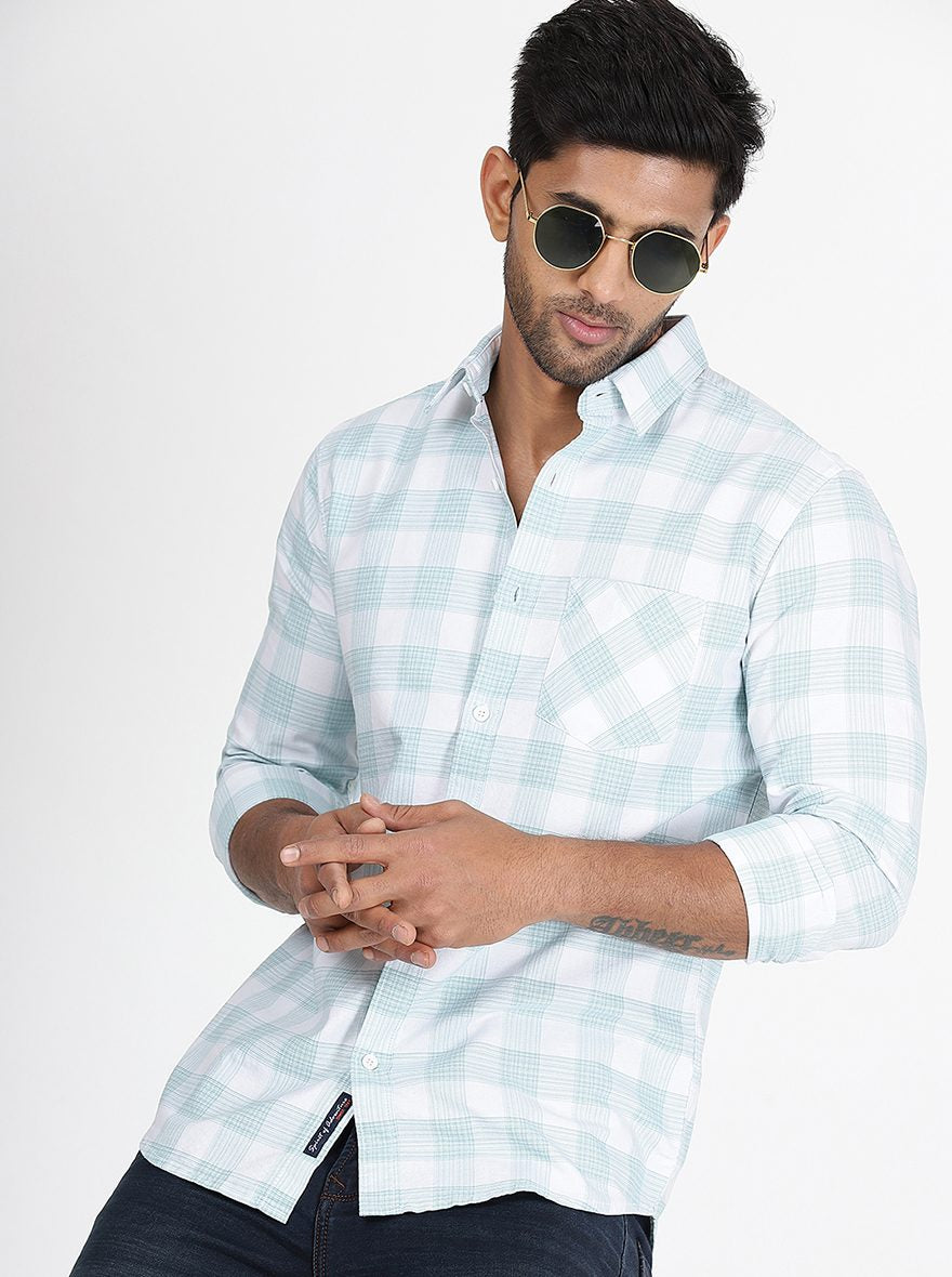 Light Green Checked Slim Fit Casual Shirt | pehervi