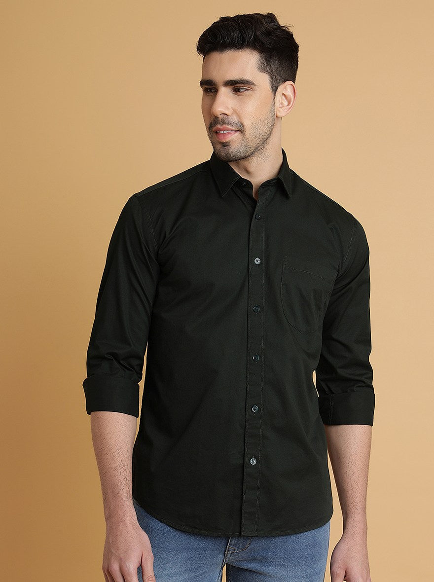 Bottle Green Solid Slim Fit Semi Casual Shirt | Pehervi