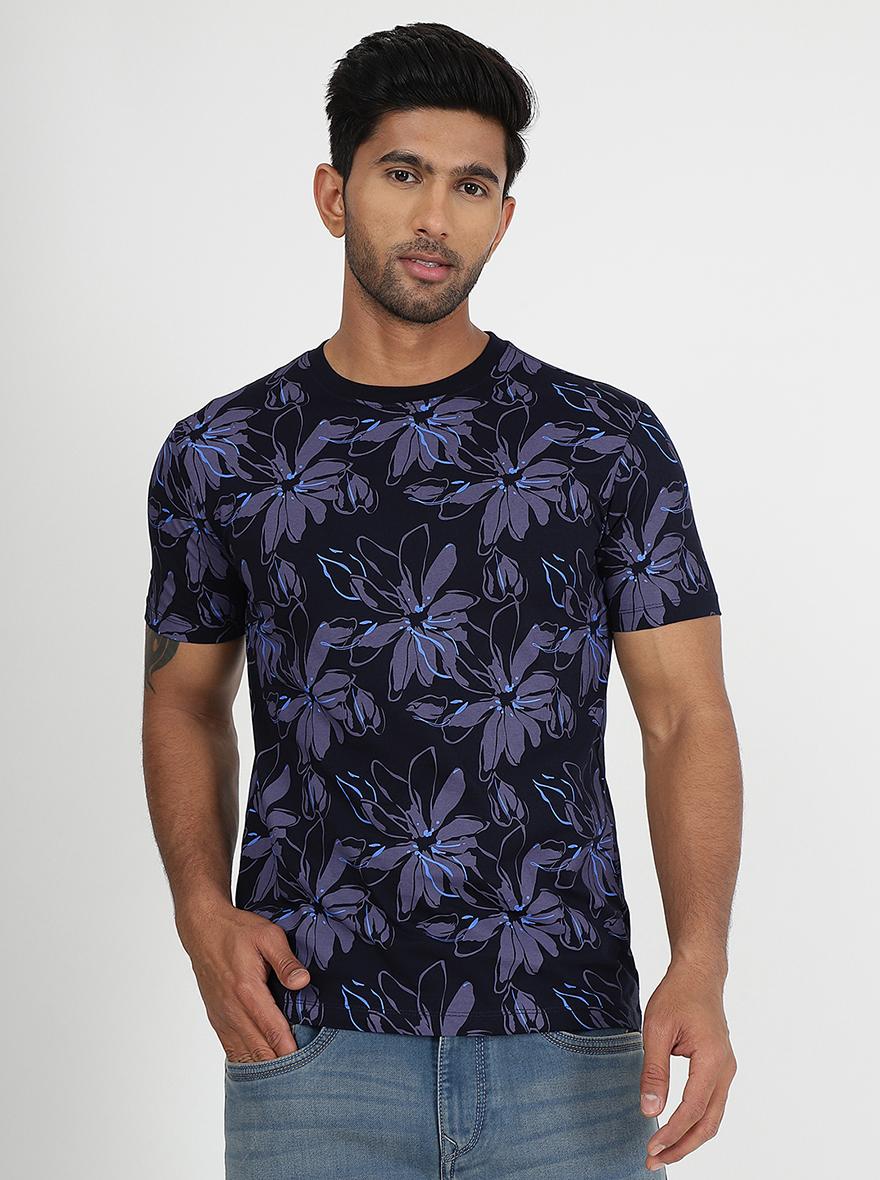 Navy Blue Printed Slim Fit T-Shirt | pehervi